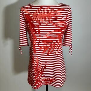 Chicos Red White Striped Leaf Print Cotton Tie Sleeve Blouse Womens Size Small S
